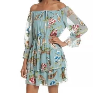 Alice + Olivia Sky Blue Floral Off-Shoulder Tiered Mini Dress